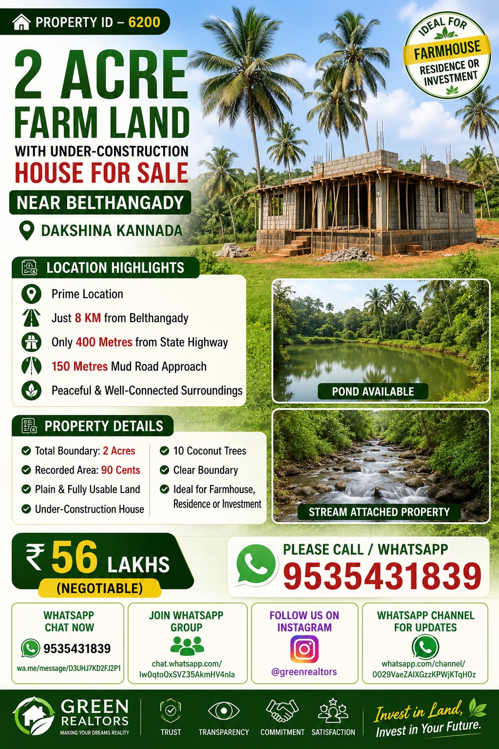 🆔 *PROPERTY ID – 6200* 🌿 *2 Acre Farm Land with Under-Construction House for Sale – Near Belthangady*